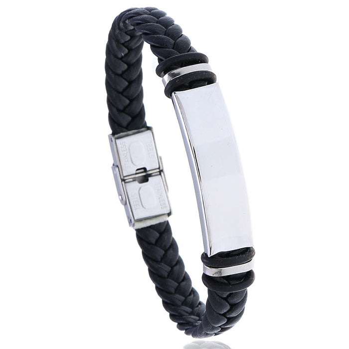 Vintage Braided Leather Stainless Steel Men's Bracelet Smooth PU Leather Bangle Wristband