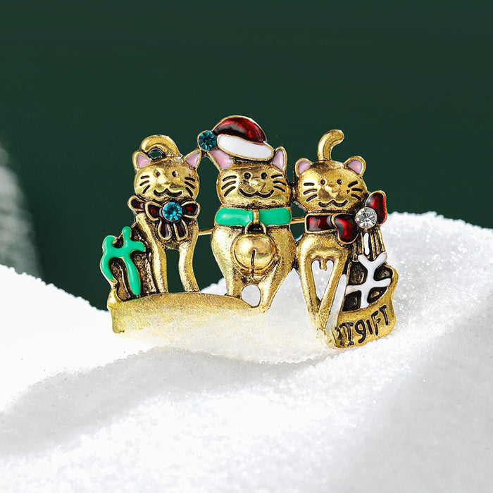 Alloy Rhinestone Enamel Cat Brooch Cute Christmas Clothing Pin