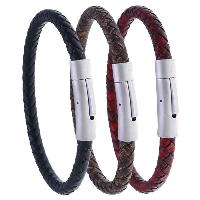 Simple Braided Leather Bracelet For Men, European Vintage Stainless Steel Faux Cowhide Rope