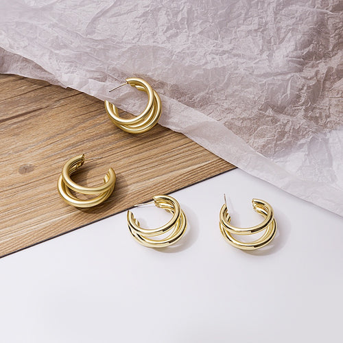 Elegant Gold Alloy Multi Layer C Shape Chunky Hoop Studs With 925 Silver Pins For Women Earrings