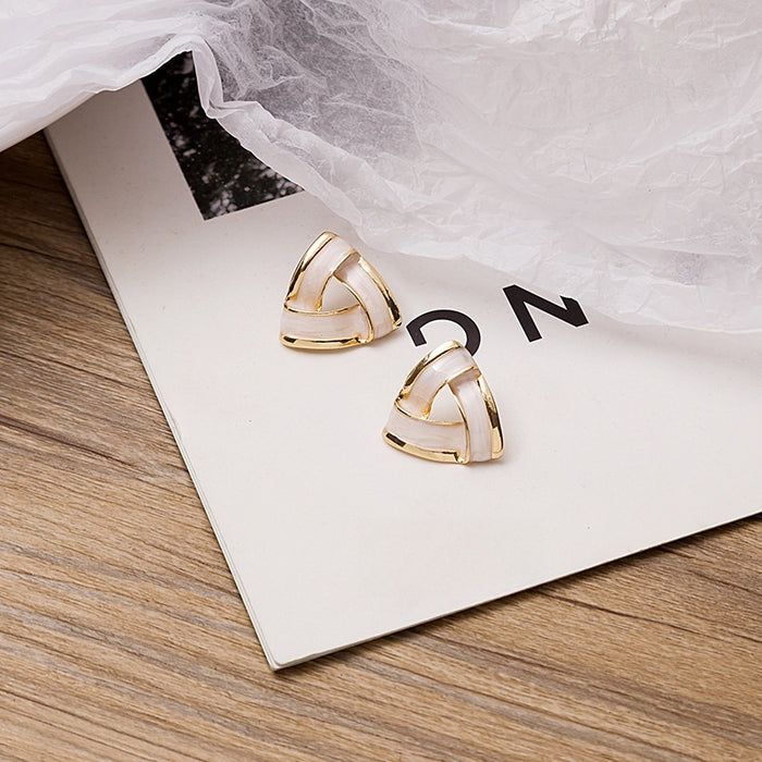 Elegant Vintage Geometric Triangle White Enamel Gold Plated Alloy French Minimalist Stud Earrings