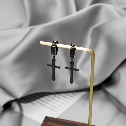 Stainless Steel Cross Dangle Hoop Clip On Ear Cuffs For Women Men No Piercing Alloy Earrings