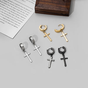 Stainless Steel Cross Dangle Hoop Clip On Ear Cuffs For Women Men No Piercing Alloy Earrings