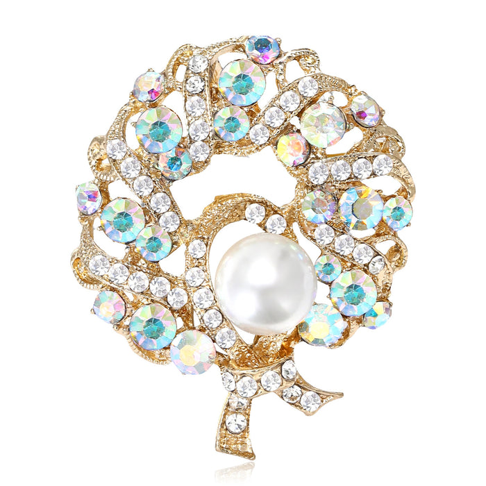 Alloy Rhinestone Pearl Round Brooch Pin For Suits And Coats