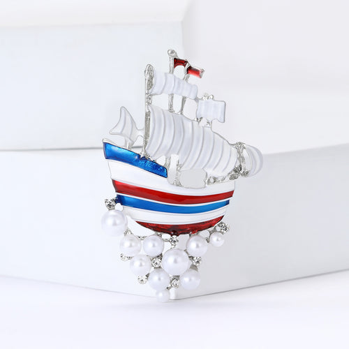 Alloy Enamel Pearl Sailboat Brooch Pin For Women's Fashion Apparel