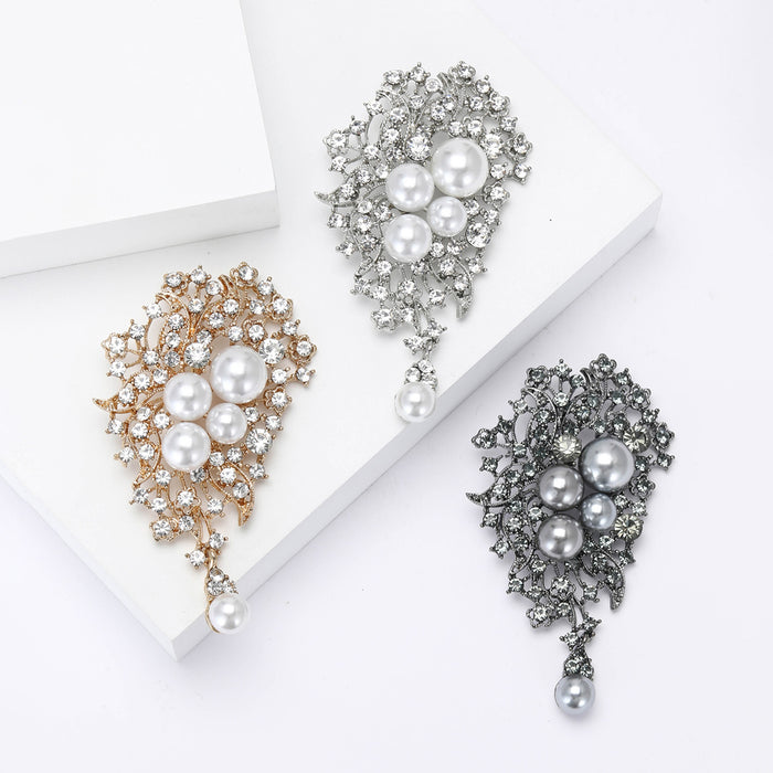 Alloy Rhinestone Pearl Pendant Brooch Pin For Women's Apparel