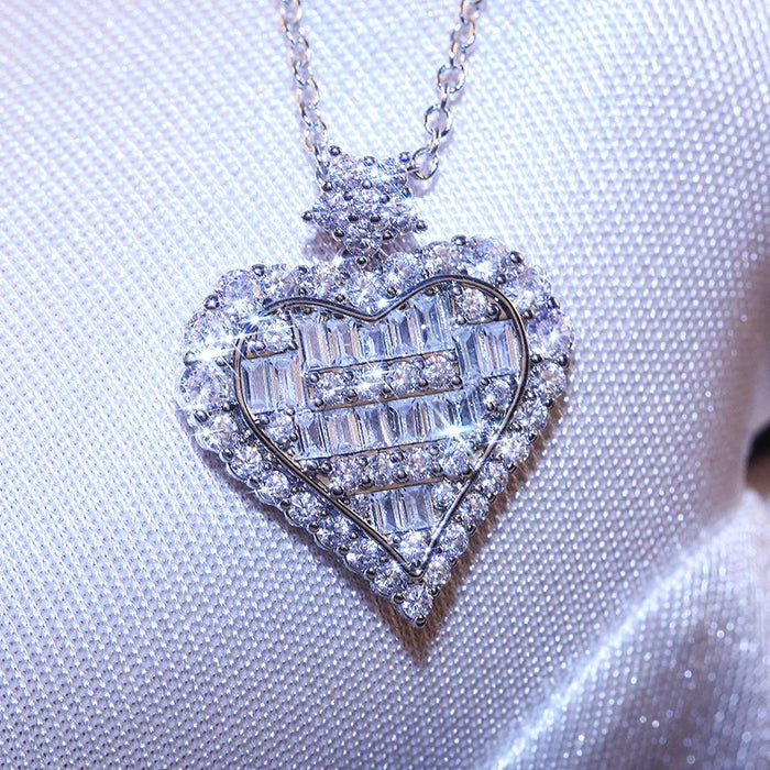 Heart And Trapezoid Full Zircon Collarbone Necklace, T Shape Sweetheart Pave Engagement Jewelry