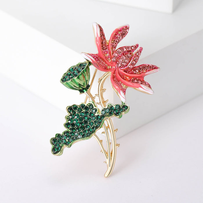 Alloy Rhinestone Lotus Brooch Pin And Scarf Clip For Women