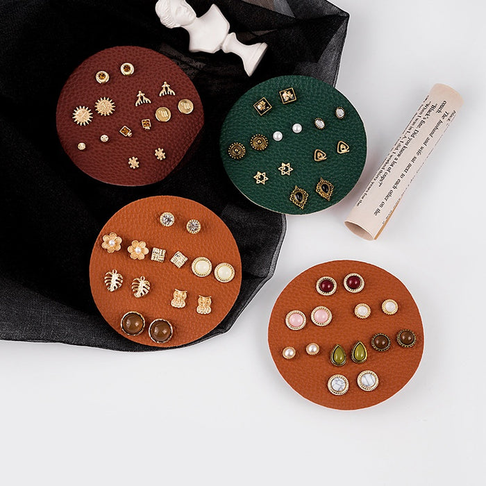 Vintage Weekly Stud Earrings Set With Cat Eye Teardrop Pearl Rhinestone Antler Alloy Earrings