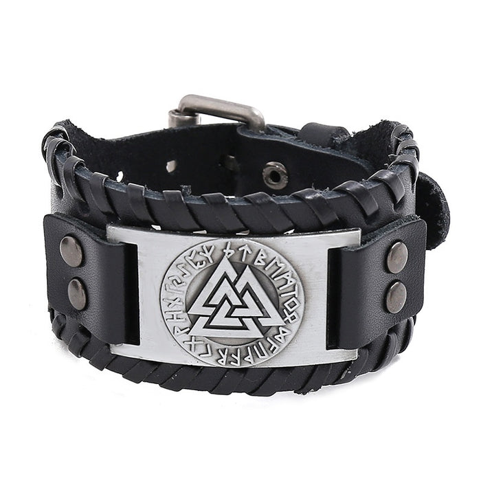 Nordic Vintage Viking Totem Genuine Leather Bracelet With Odin Symbol, Men's Wrist Jewelry
