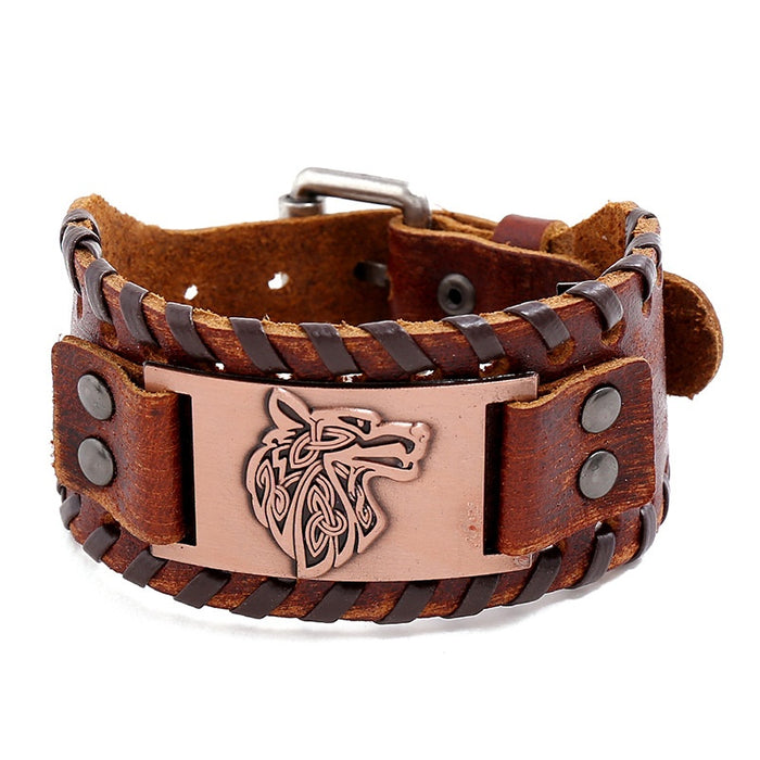 Nordic Viking Cowhide Leather Bracelet Celtic Wolf Head Men's Bracelet Fashion Accessory