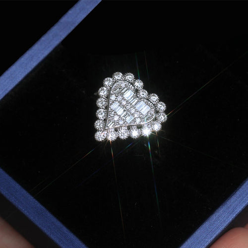 Heart Element Geometric Hollow Zircon Ring, Full Stone Design Statement Jewelry For Women