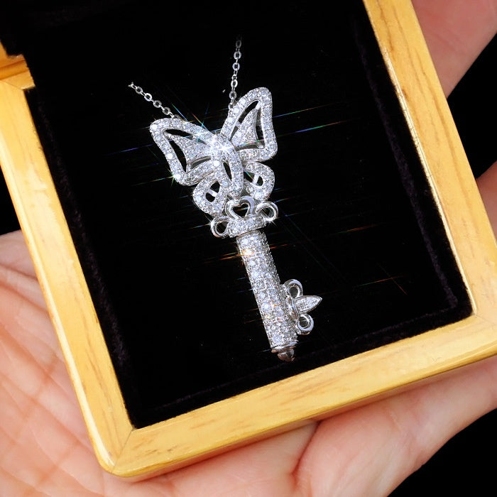 Key Shape Women Necklace With Full Micro Pave Zircon, Korean Style Elegant Sweater Chain Jewelry