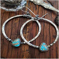 Vintage Silver Tone Faux Turquoise Round Hoop Drop Earrings, Handmade Eyelash Design Jewelry view 1