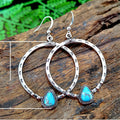 Vintage Silver Tone Faux Turquoise Round Hoop Drop Earrings, Handmade Eyelash Design Jewelry view 5