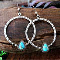 Vintage Silver Tone Faux Turquoise Round Hoop Drop Earrings, Handmade Eyelash Design Jewelry view 2