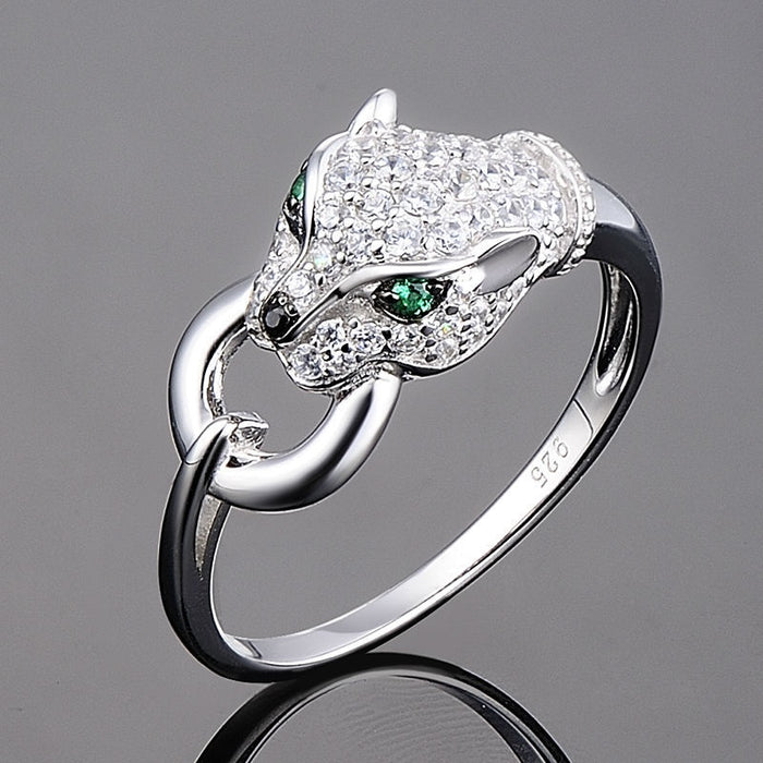 Women's Wild Leopard Head Silver Plated Copper Ring With Micro Pave Detail