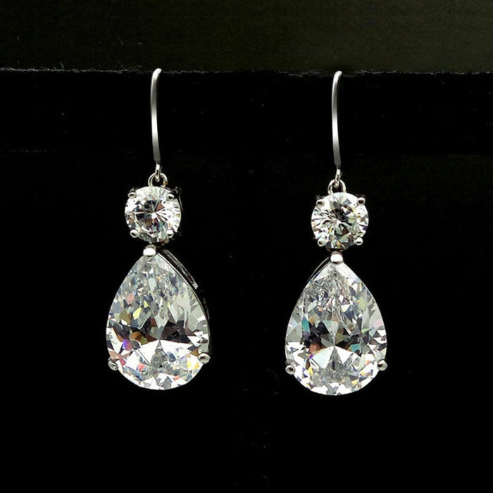 European Fashion OL Women Drop Earrings With Large Teardrop Zircon, Shiny Silver Plated Jewelry