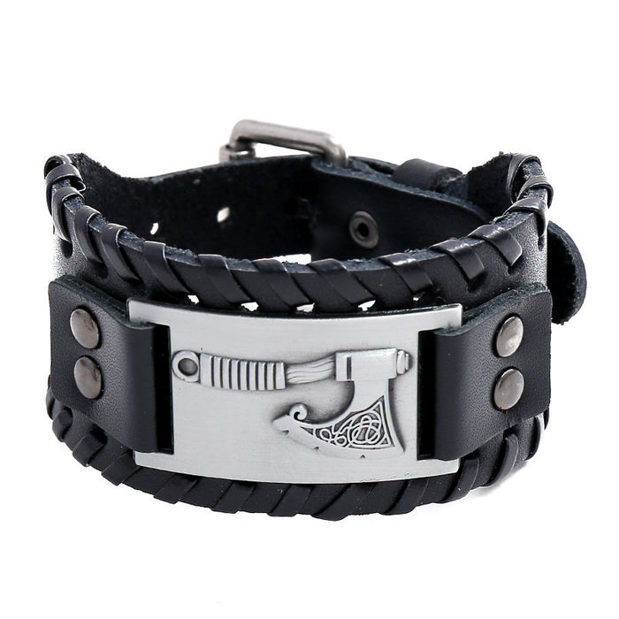 Nordic Viking Axe Cowhide Leather Bracelet Retro Braided Punk Wide Leather Jewelry For Men