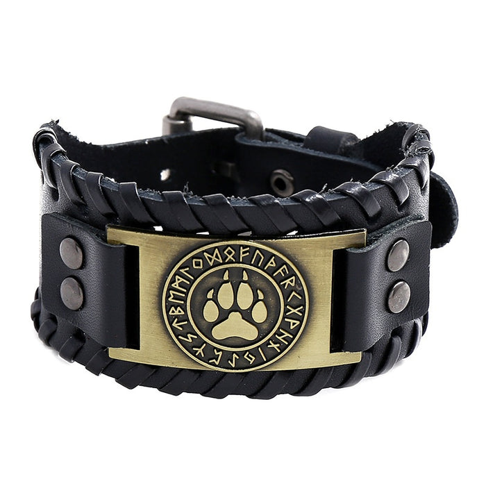 Nordic Vintage Viking Totem Cowhide Bracelet Odin Symbol Men's Punk Genuine Leather Bracelet