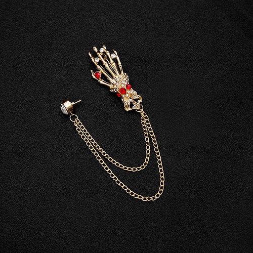 European American Vintage Rhinestone Skull Hand Bone Multi Layer Chain Tassel Collar Pin Brooch
