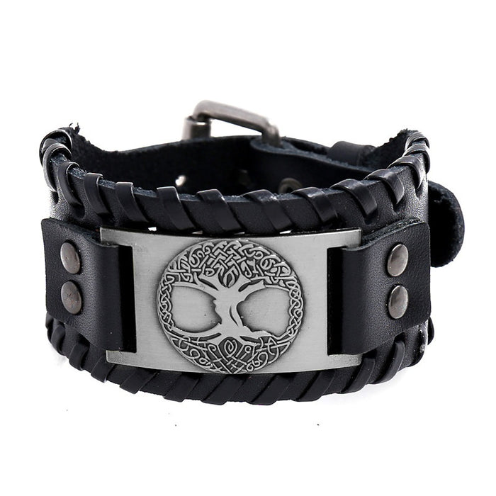 New Viking Totem Lucky Tree Cowhide Bracelet Vintage Braided Punk Wide Leather Bracelet For Men