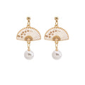 Elegant Vintage Gold Alloy Folding Fan Enamel Floral Tassel Faux Pearl Drop Clip On Stud Earrings view 5