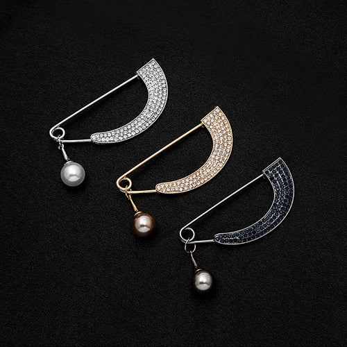 European American Rhinestone Safety Pin Brooch, Full Crystal Arc Pendant Pearl Shirt Collar Pin