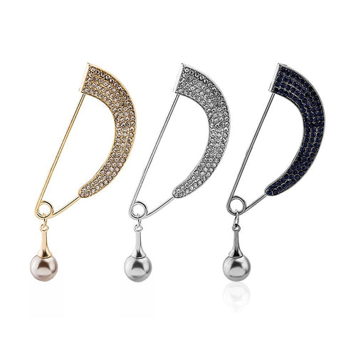 European American Rhinestone Safety Pin Brooch, Full Crystal Arc Pendant Pearl Shirt Collar Pin