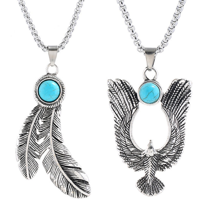 Fashion Feather Turquoise Eagle Pendant Necklace For Men Simple Apparel Accessory