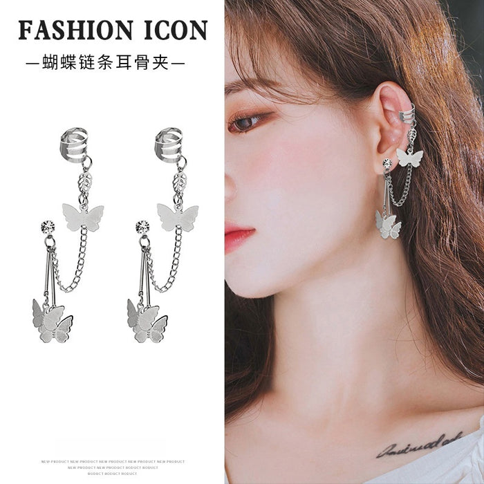 Vintage Punk Alloy Rhinestone Butterfly Chain Ear Cuff Stud Dangle Clip Connected Earrings