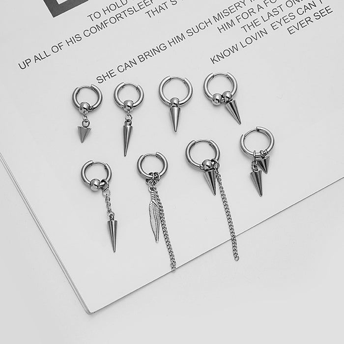 Punk Stainless Steel Hoop Studs With Cone Spike Feather Chain Tassel Ear Cuff Earrings