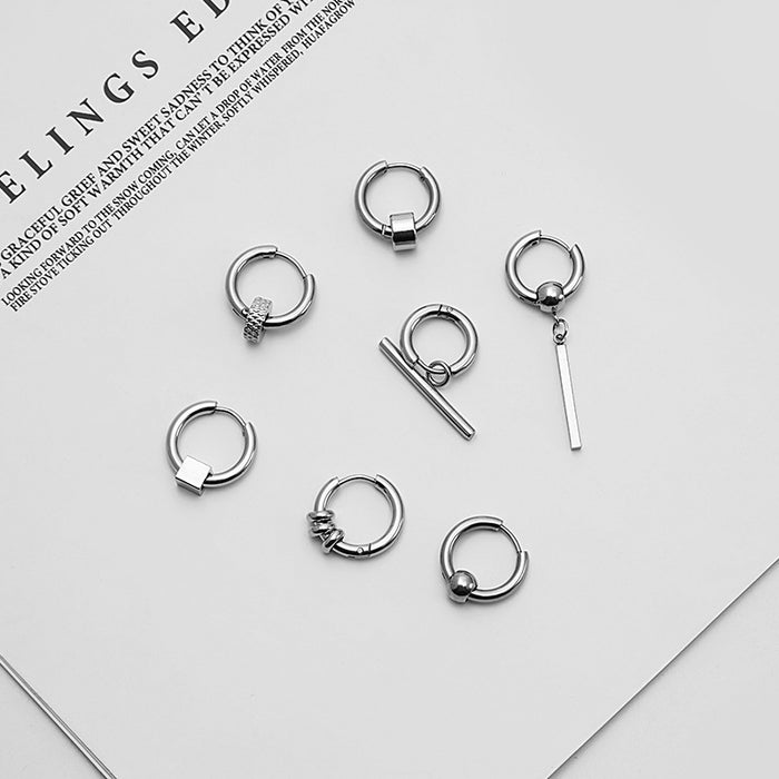Punk Stainless Steel Geometric Hoop Studs With Bar Ball Square Charms For Women Street Style Earrings