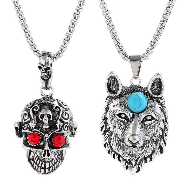 Punk Alloy Wolf Head Skull Pendant Necklace For Men Simple Student Fashion Accessory