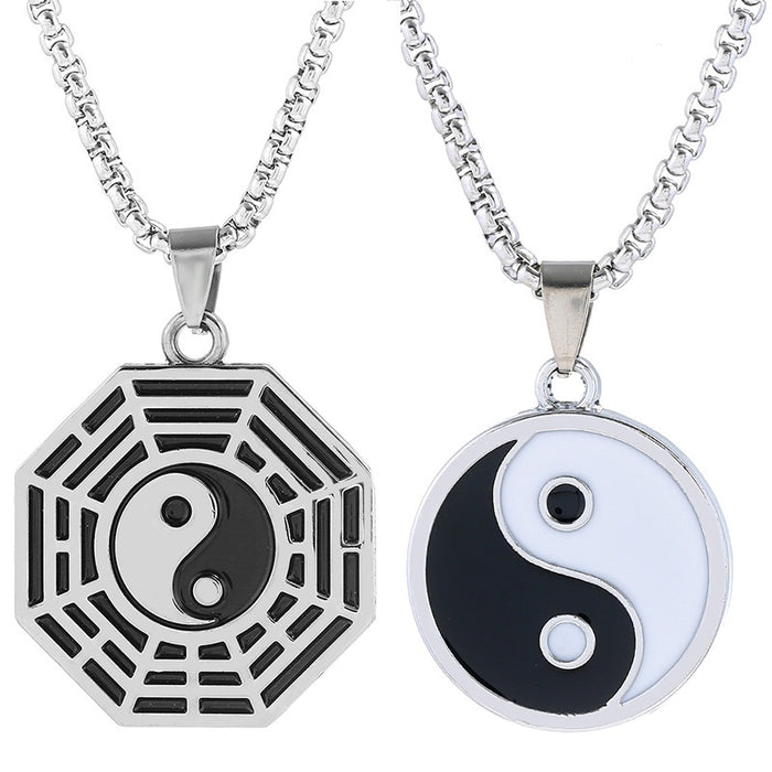 Korean Style Simple Bagua Pendant Necklace For Men, Alloy Charm With Titanium Steel Chain
