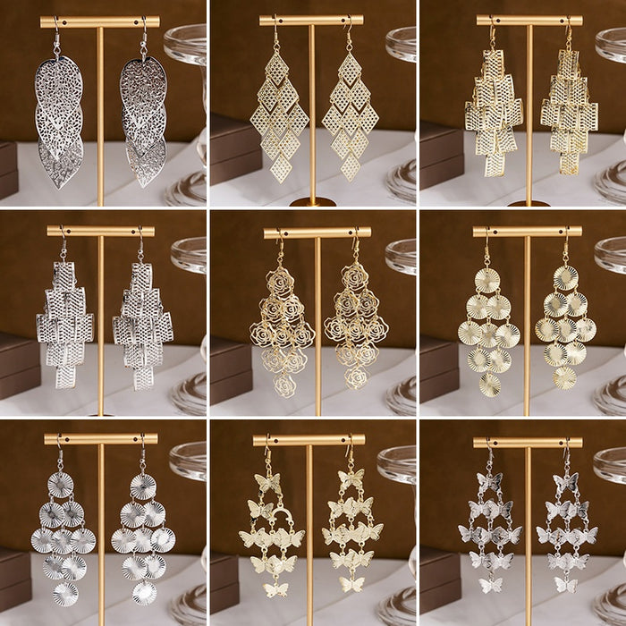 Bohemian Vintage Alloy Hollow Rose Butterfly Geometric Diamond Layered Metal Long Tassel Drop Earrings