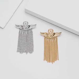 Creative British Style Five Point Star Badge Angel Wing Chain Tassel Brooch Pin Clothing Accessory