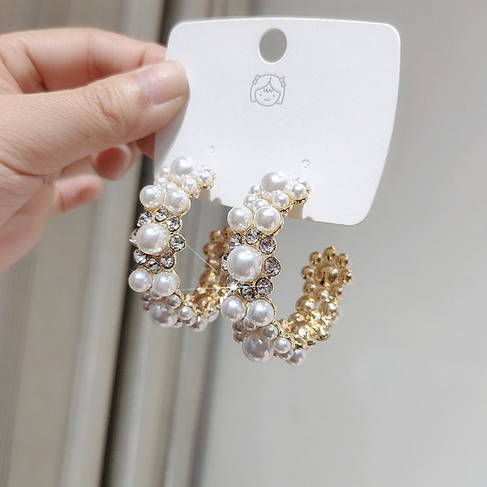 Fashion OL Pearl Geometric Round Hoop Earrings With Silver Posts For Women