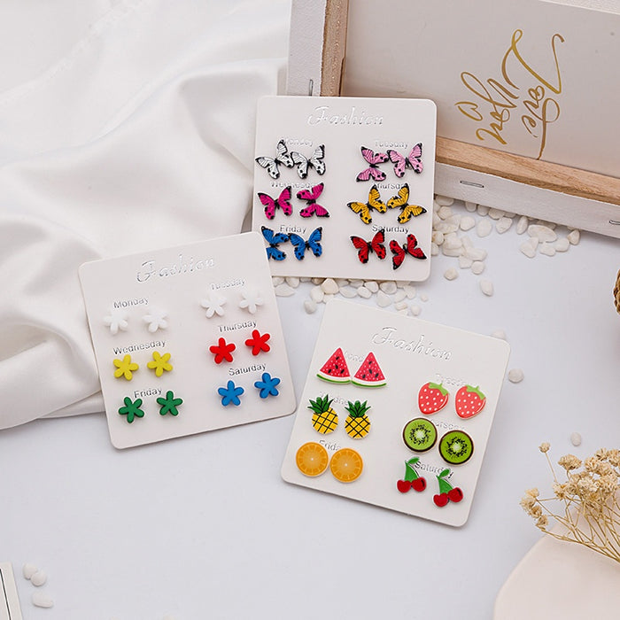 Colorful Acrylic Fruit Butterfly Flower Stud Set, Strawberry Watermelon Cherry Weekly Fashion Earrings