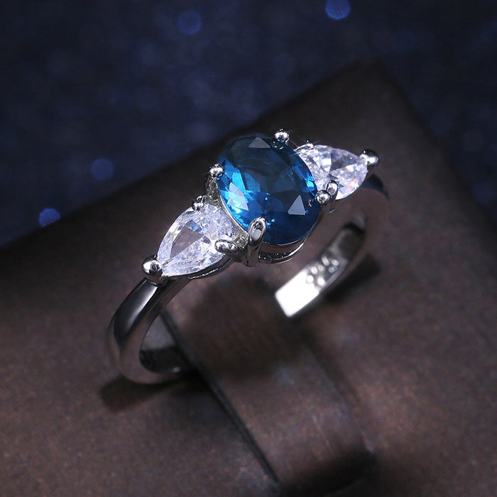 Luxury Blue Zircon Inlaid Women's Ring European American Style Engagement Jewelry