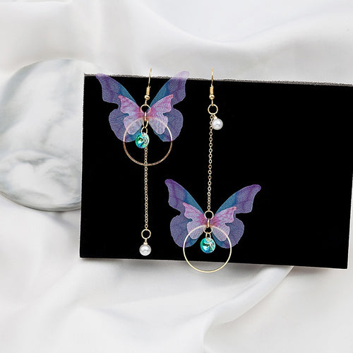 Elegant Asymmetric Butterfly Alloy Hoop Tassel Pearl Crystal Zircon Fashion Long Drop Earrings