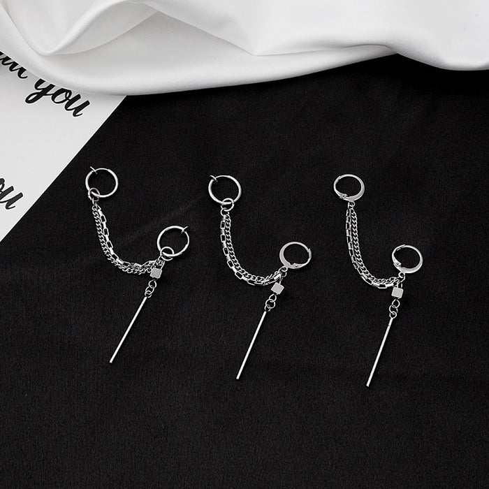 Korean Stainless Steel Double Hoop Chain Tassel Ear Cuff Clip On Long Bar Dangle Earrings