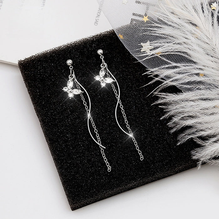 Elegant 925 Silver Pin Crystal Butterfly S Curve Chain Tassel Rhinestone Long Drop Earrings