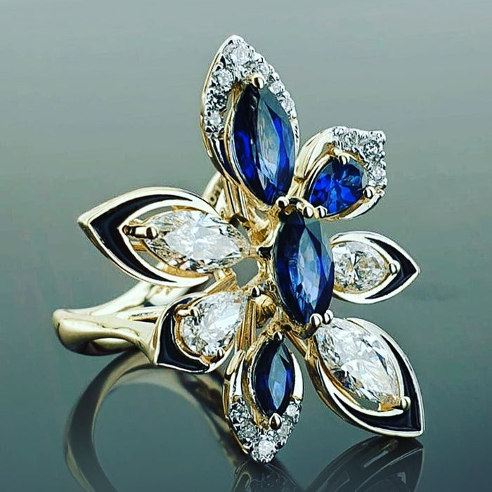 European American Luxury Women's Flower Shaped Colorful Zircon Party Ring Fashion Jewelry