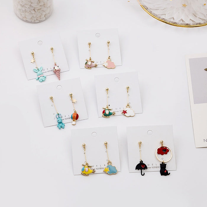 Enamel Cartoon Animal Rabbit Helicopter Cloud Asymmetric Drop Stud Earrings