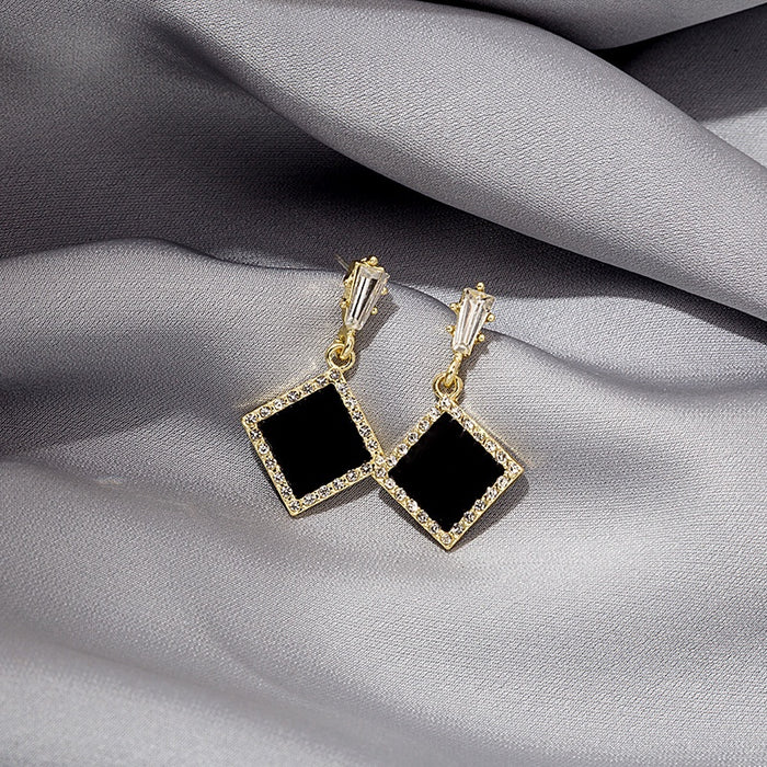 Elegant Black Enamel Geometric Diamond Drop Earrings With Gold Alloy Zircon Rhinestone Stud Earrings
