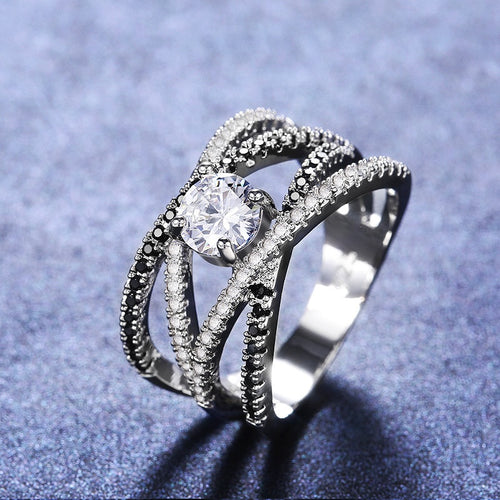Creative Line Women's Copper Silver Plated Ring With Micro Pave Zircon, Delicate Fashion Jewelry