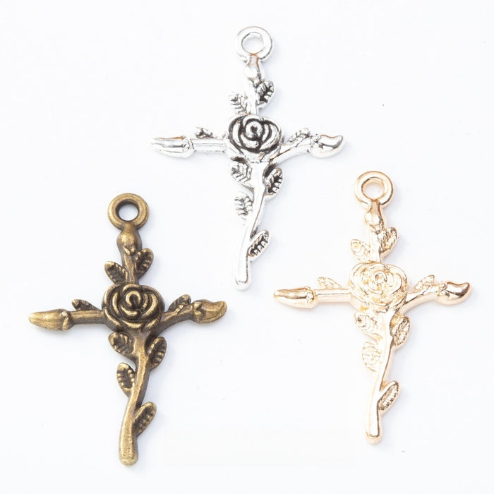 Zinc Alloy Rose Cross Charm Pendant for DIY Necklace Bracelet Jewelry Making