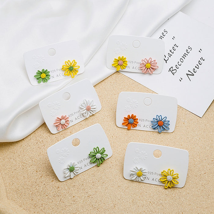 Elegant Asymmetric Hollow Daisy Flower Enamel 925 Silver Pin Fresh Korean Style Stud Earrings