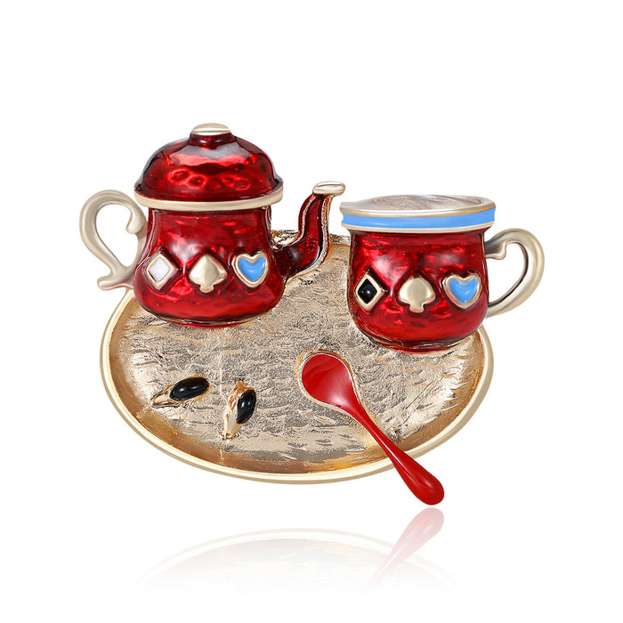 Metal Alloy Enamel Cartoon Tea Tray Brooch Pin For Apparel
